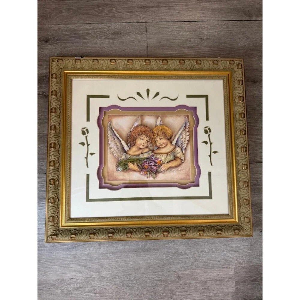 Vintage 3D Cherub Angel Framed Wall Art Gold Ornate Floral Picture Decor